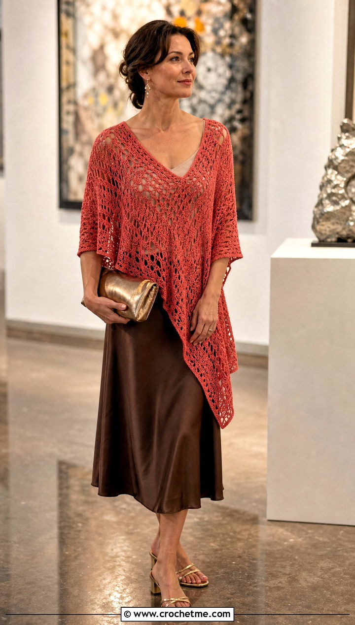 V Neck Asymmetrical Crochet Poncho With Satin Skirt - 25 Asymmetrical Crochet Poncho outfit ideas