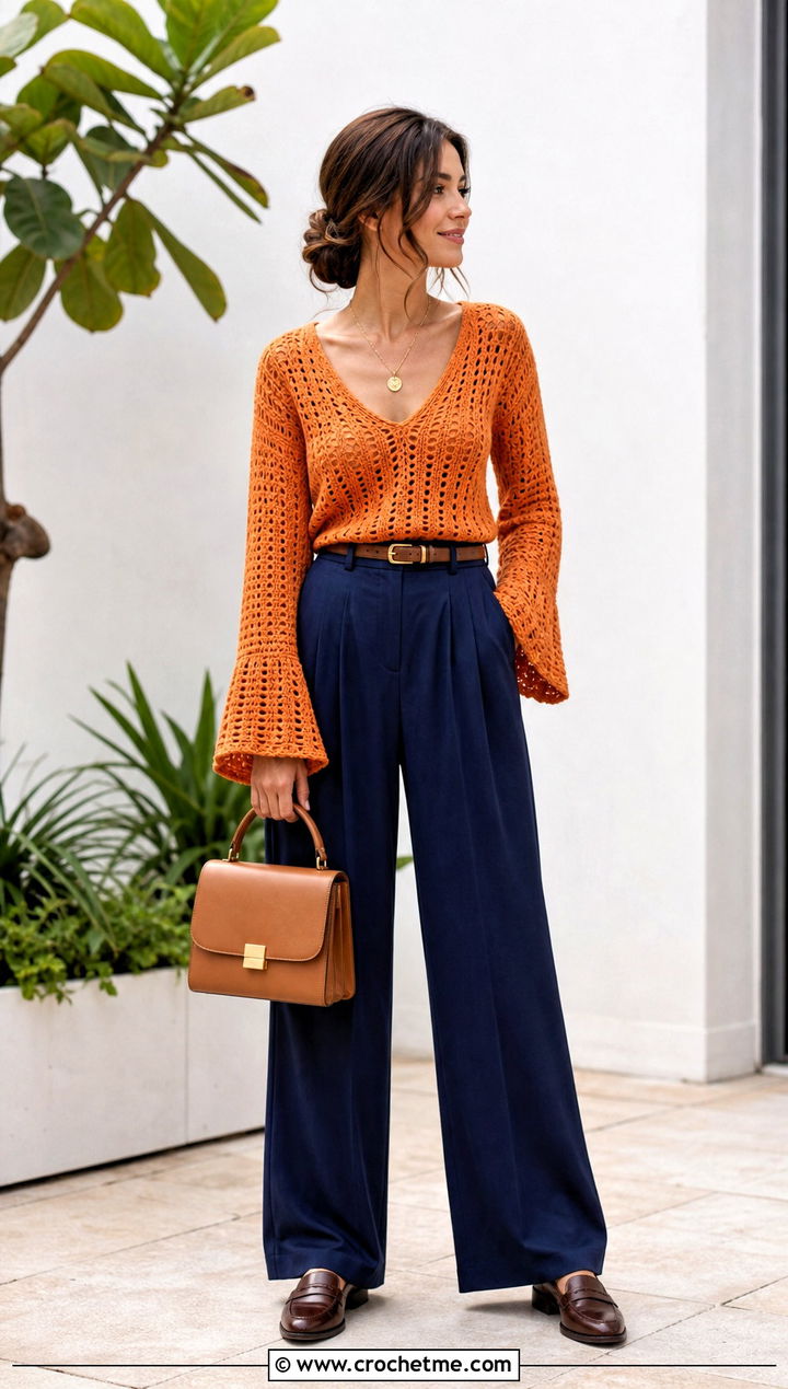 V Neck Bell Sleeve Crochet Sweater With Pleated Trousers - 25 crochet sweater bell sleeves outfit ideas