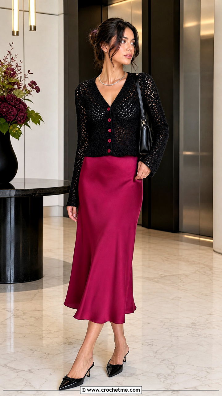 V Neck Black Crochet Cardigan With Bias Cut Skirt - 35 black crochet cardigan outfit ideas