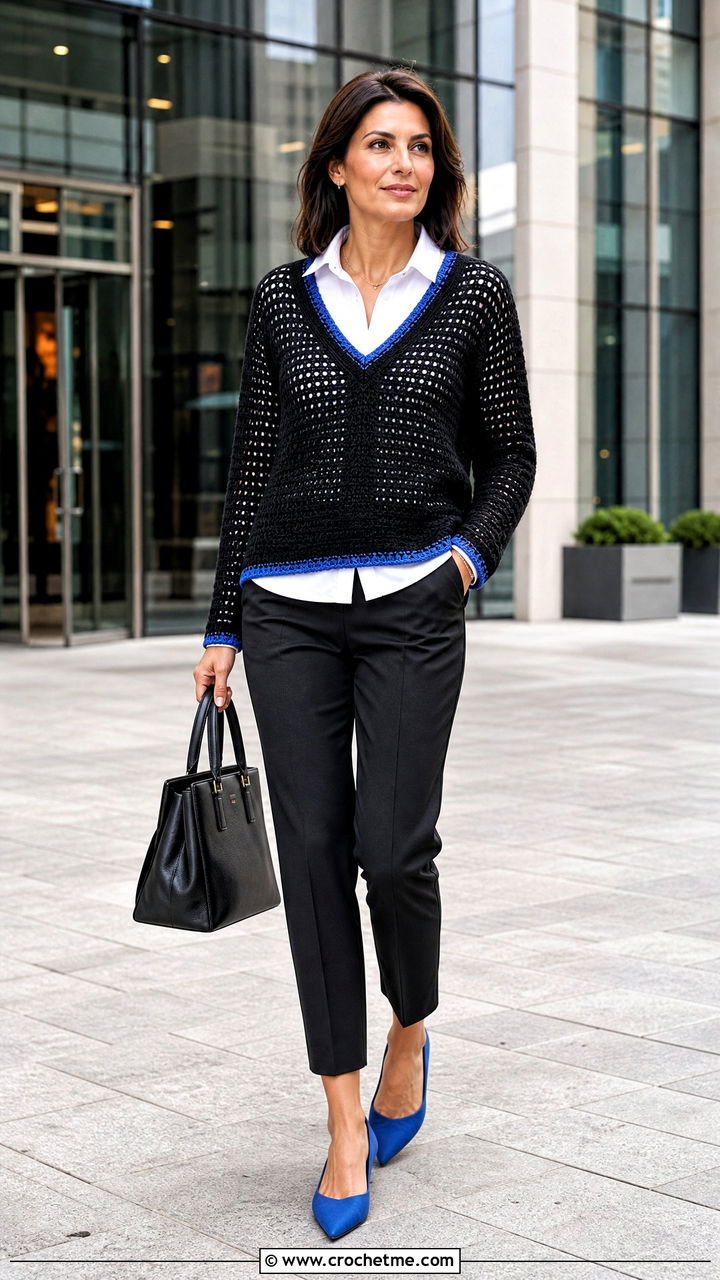 V Neck Black Crochet Sweater With White Shirt And Trousers - 35 black crochet sweater outfit ideas