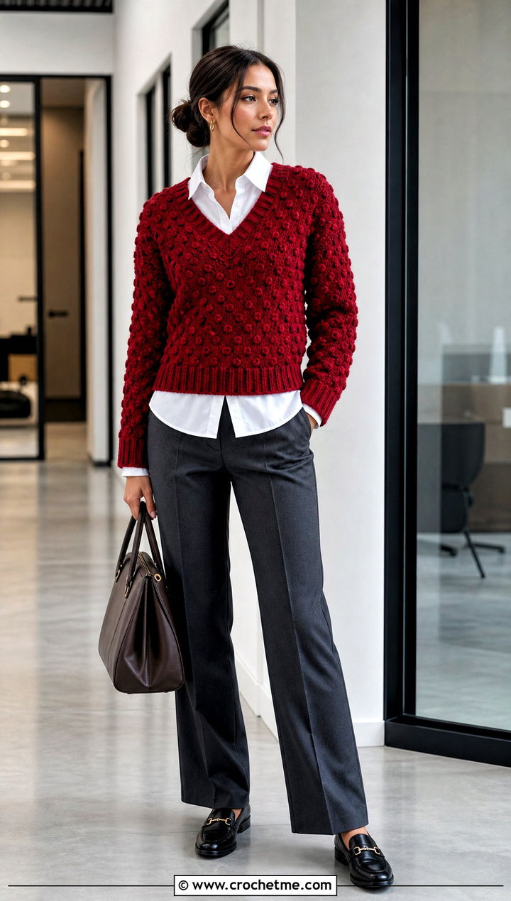 V Neck Bobble Sweater With White Shirt And Trousers - 25 crochet bobble sweater outfit ideas