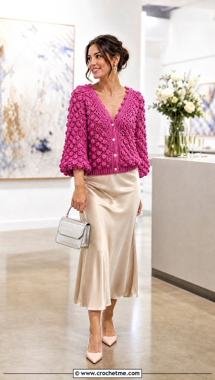 V Neck Bubble Cardigan With Satin Midi Skirt - 15 Crochet Bubble Cardigan outfit ideas