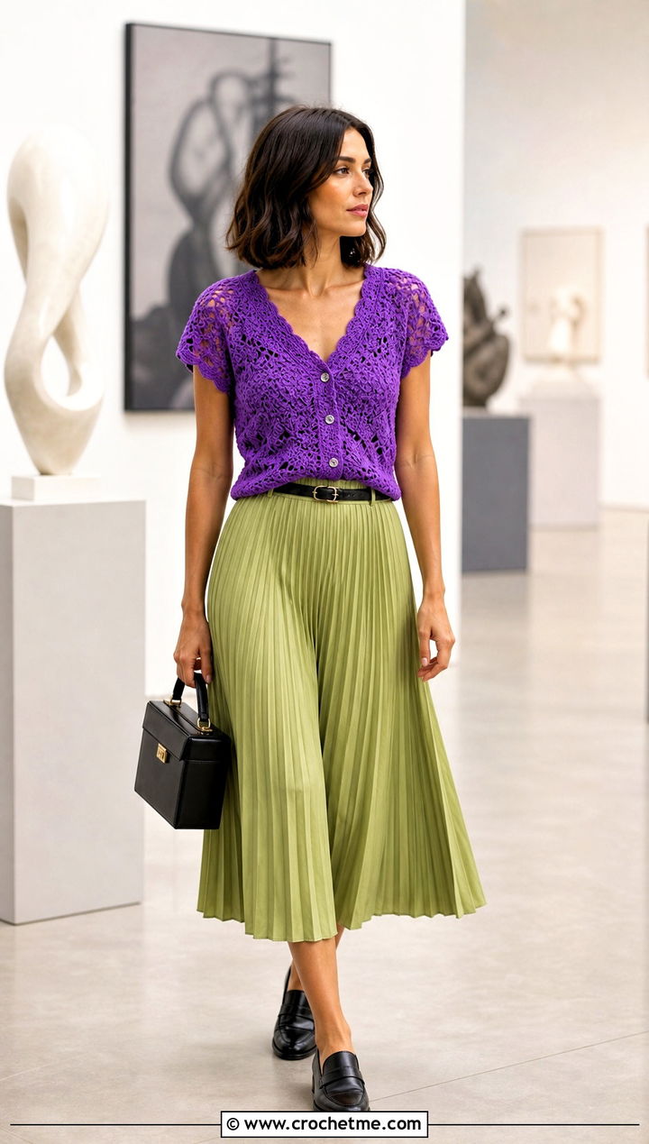 V Neck Buttercup Crochet Top With Pleated Midi Skirt - 25 Buttercup Crochet Top outfit ideas