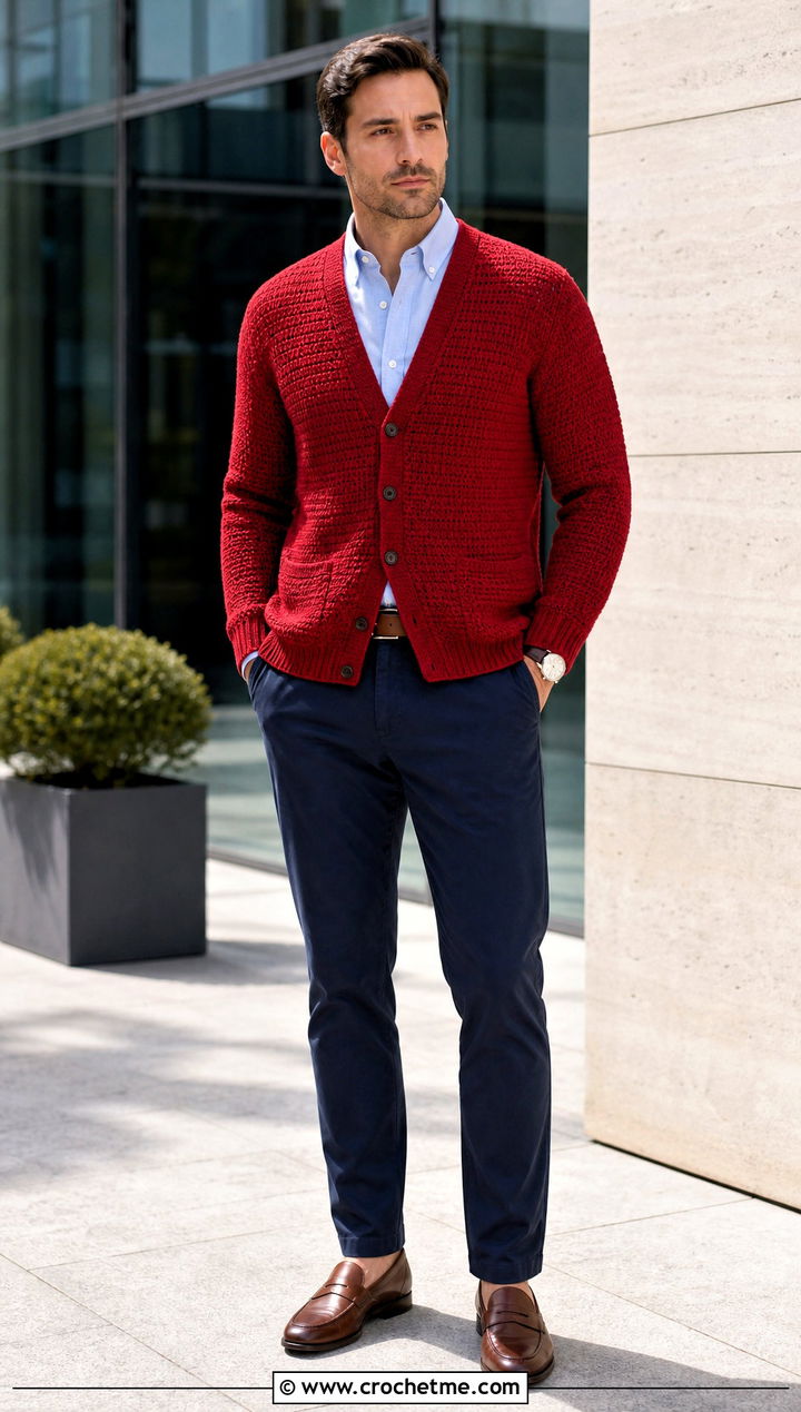 V Neck Button Crochet Cardigan With Oxford Shirt - 30 mens crochet cardigan sweater outfit ideas