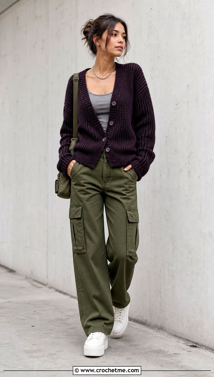 V Neck Button Front Chunky Crochet Cardigan With Cargo Pants - 15 Chunky Yarn Crochet Cardigan outfit ideas