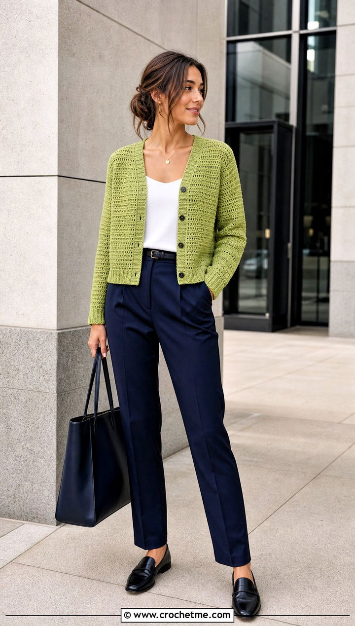 V Neck Button Front DK Crochet Cardigan With Pleated Pants - 20 Dk Crochet Cardigan outfit ideas