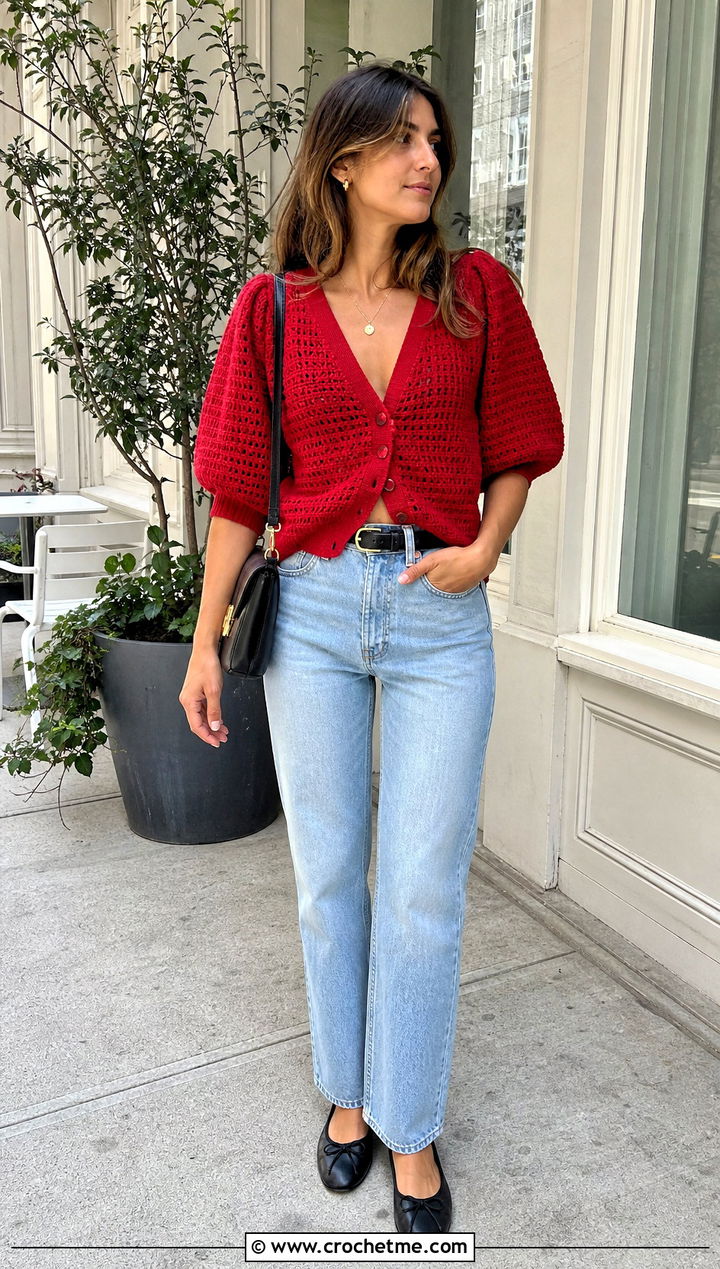 V Neck Button Front Puff Sleeve Crochet Cardigan With Straight Jeans - 25 Puff Sleeve Crochet Cardigan outfit ideas