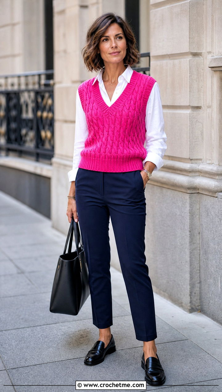V Neck Cable Crochet Sweater Vest With Button Down Shirt - 25 easy crochet sweater vest outfit ideas