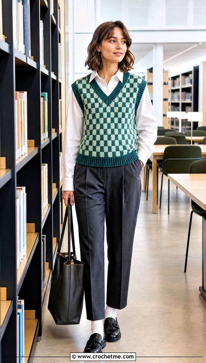 V Neck Checkered Crochet Sweater Vest With White Button Down Shirt - 15 Checkered Crochet Sweater Vest outfit ideas