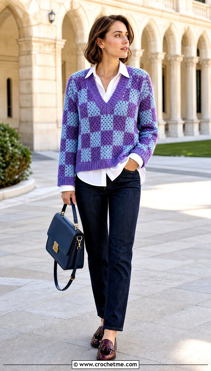 V Neck Checkered Crochet Sweater With White Shirt - 30 checkered crochet sweater outfit ideas