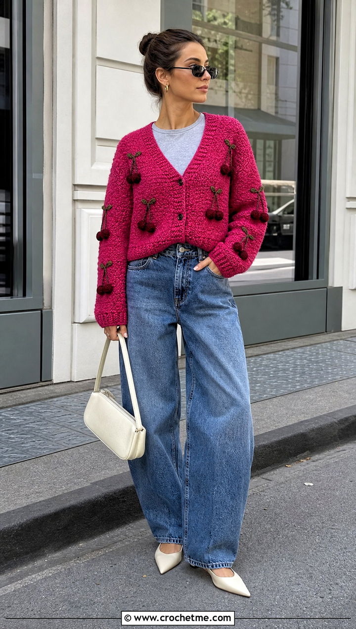 V Neck Cherry Crochet Cardigan With Barrel Jeans - 30 cherry crochet cardigan outfit ideas
