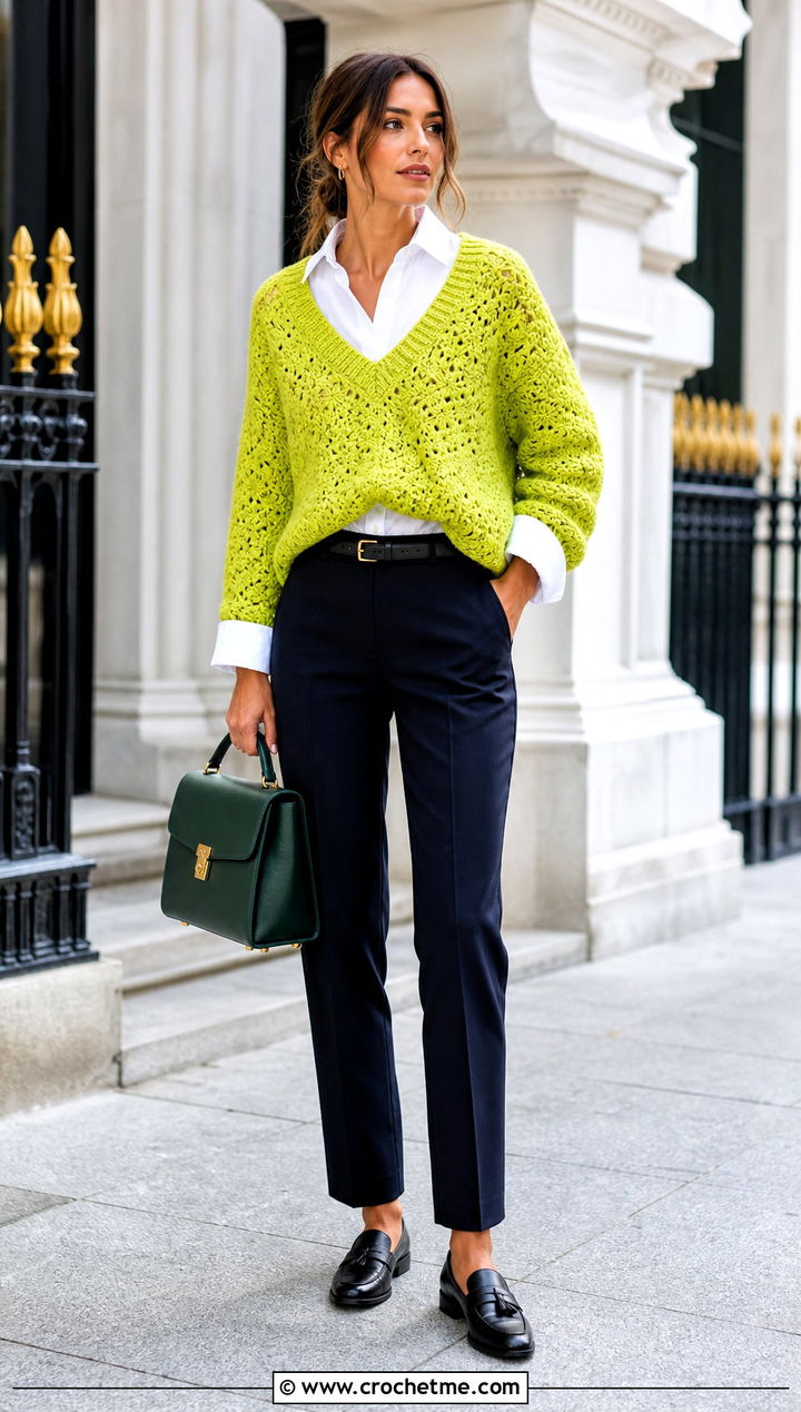 V Neck Chunky Crochet Sweater With a Button Down Shirt - 25 Chunky Crochet Sweaters outfit ideas