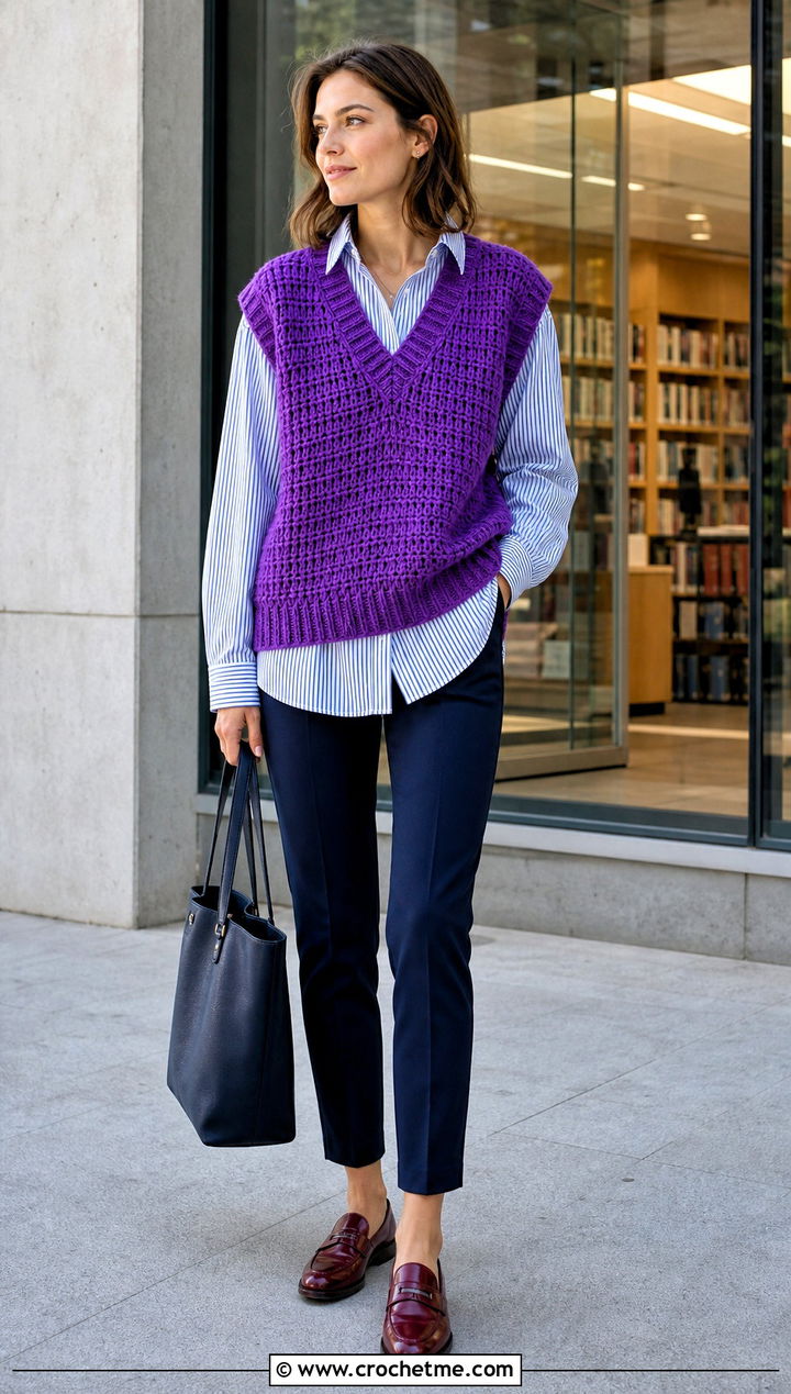 V Neck Chunky Crochet Vest With Button Down Shirt - 20 Chunky Yarn Crochet Vest outfit ideas