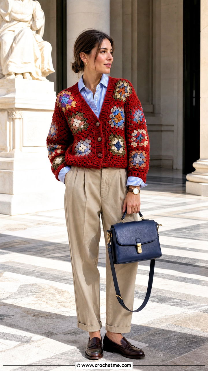 V Neck Chunky Granny Square Cardigan With Striped Shirt - 35 Chunky Granny Square Cardigan outfit ideas