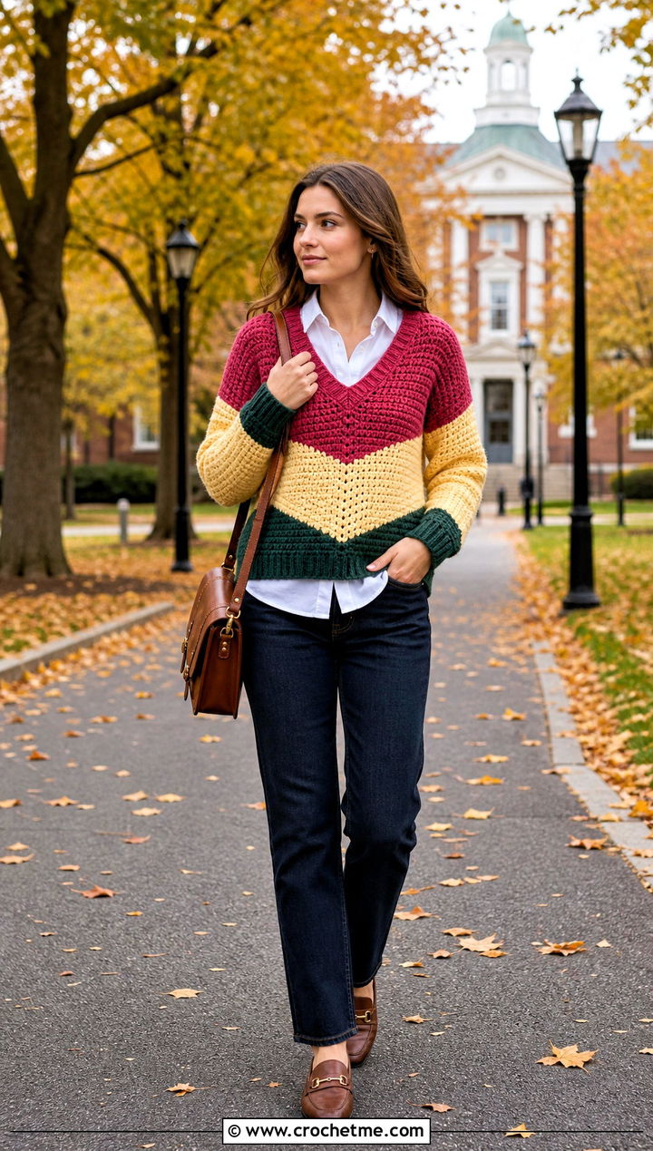 V Neck Color Block Crochet Sweater With Button Down Shirt - 25 Color Block Crochet Sweater outfit ideas
