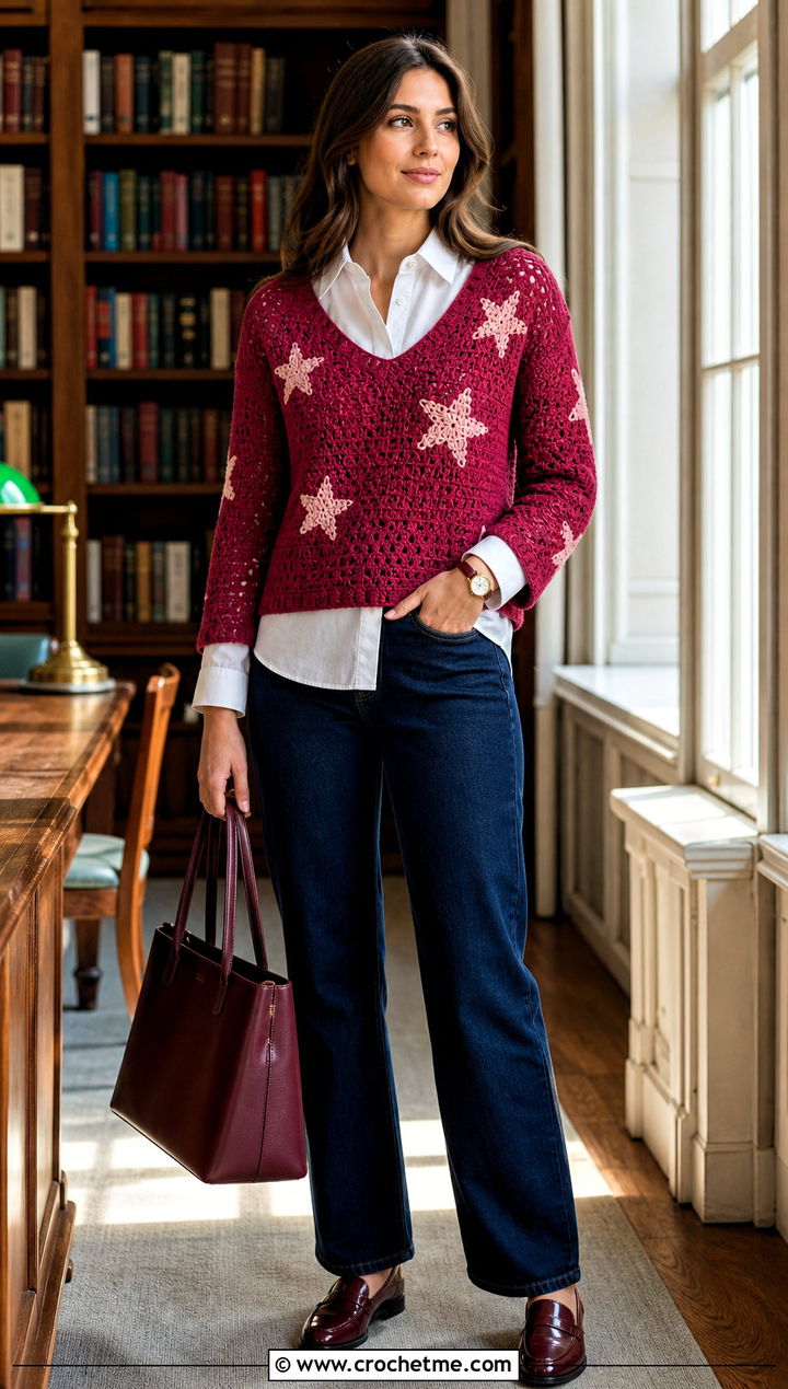 V Neck Coraline Star Crochet Sweater With White Button Down Shirt - 25 coraline crochet sweater outfit ideas