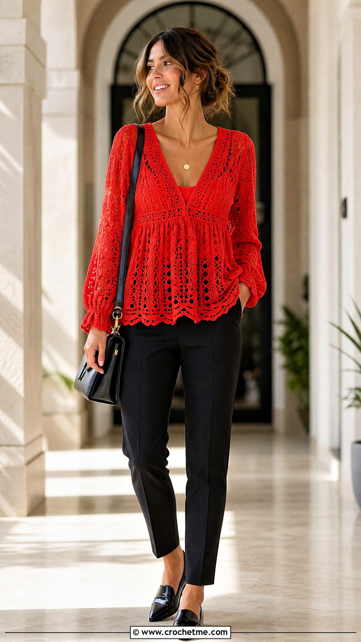 V Neck Crochet Babydoll Top With Cigarette Pants - 35 crochet babydoll top outfit ideas