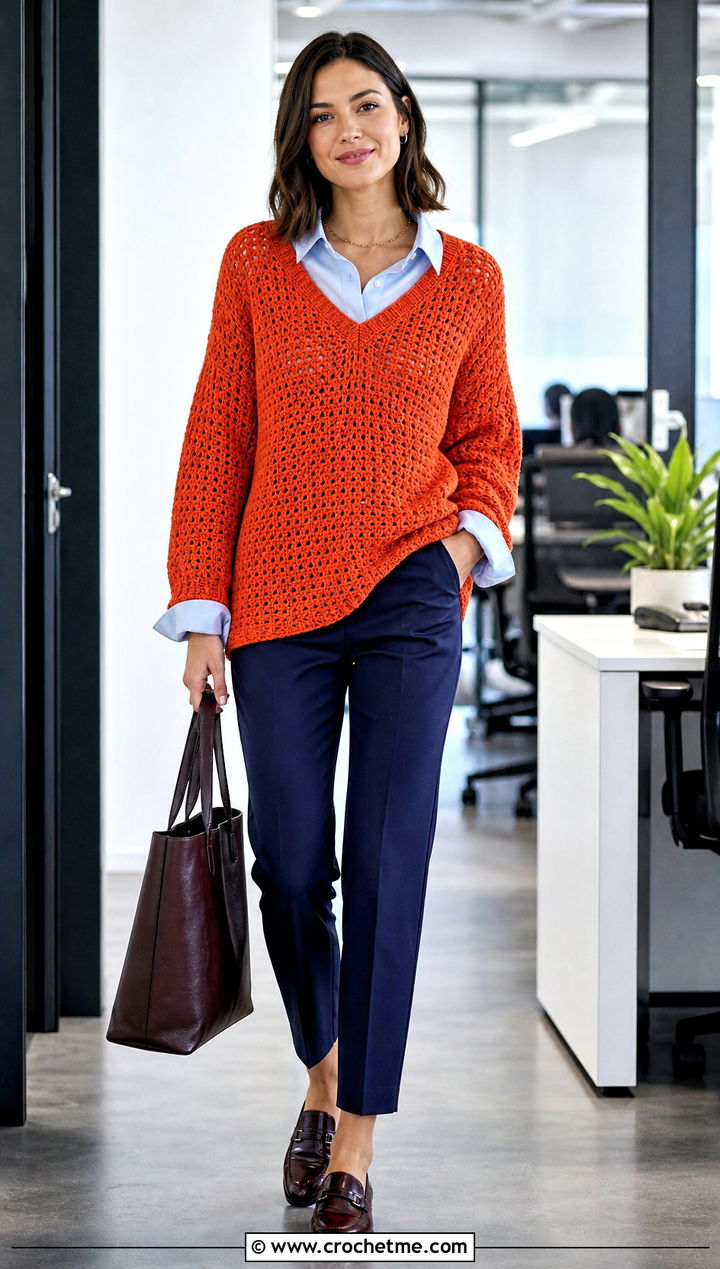 V Neck Crochet Baggy Sweater With Collared Shirt And Trousers - 30 crochet baggy sweater outfit ideas