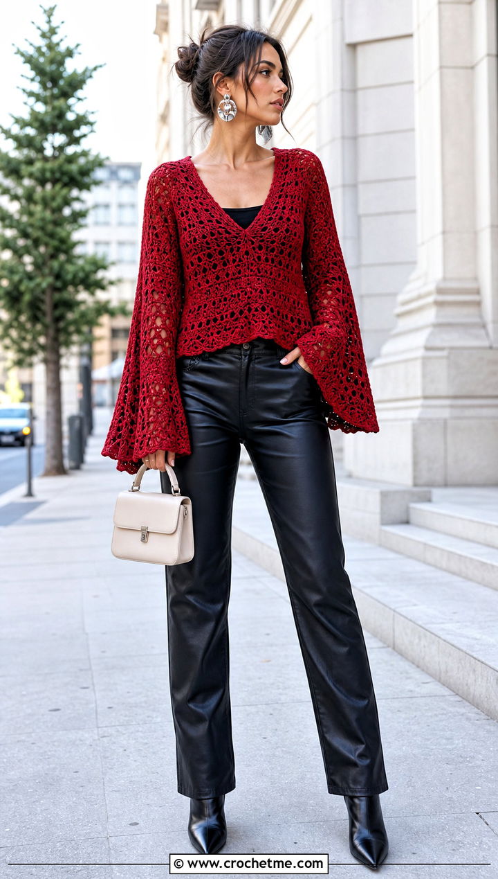 V Neck Crochet Bell Sleeve Sweater With Leather Pants - 25 Crochet Sweater With Bell Sleeves outfit ideas