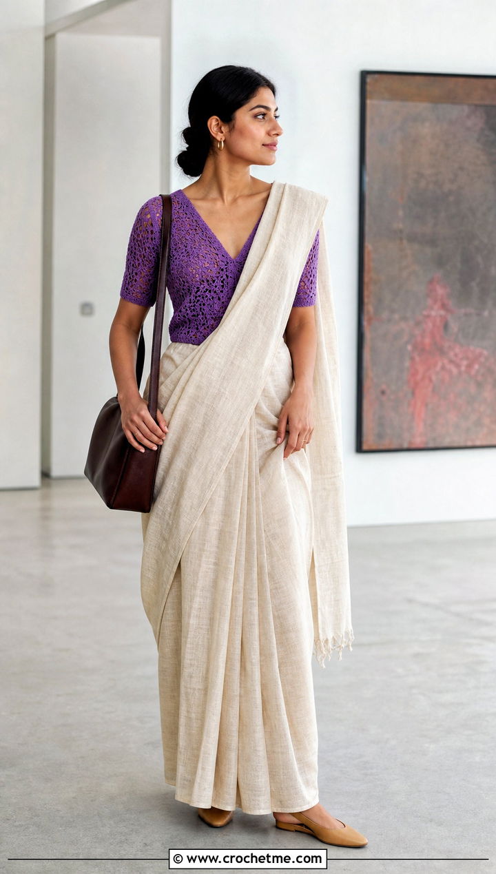 V Neck Crochet Blouse With Linen Saree - 35 Crochet Blouse For Saree outfit ideas