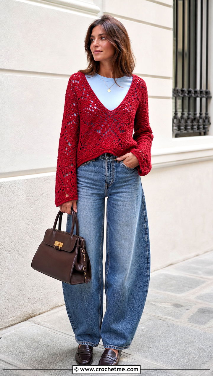 V Neck Crochet Boho Sweater With Barrel Leg Jeans - 30 crochet boho sweater outfit ideas
