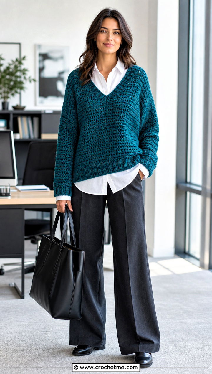 V Neck Crochet Boyfriend Sweater With Button Down Shirt And Trousers - 30 crochet boyfriend sweater outfit ideas