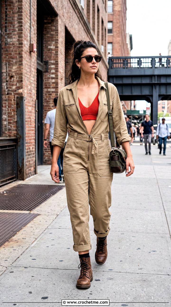 V Neck Crochet Bralette With Utility Jumpsuit - 35 crochet bralette outfit ideas