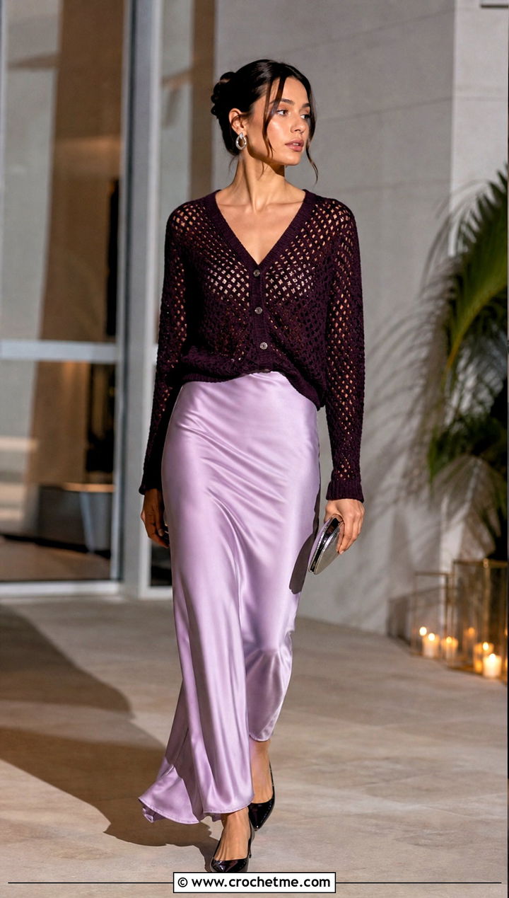 V Neck Crochet Button Sweater With Satin Maxi Skirt - 30 Crochet Button Sweater outfit ideas