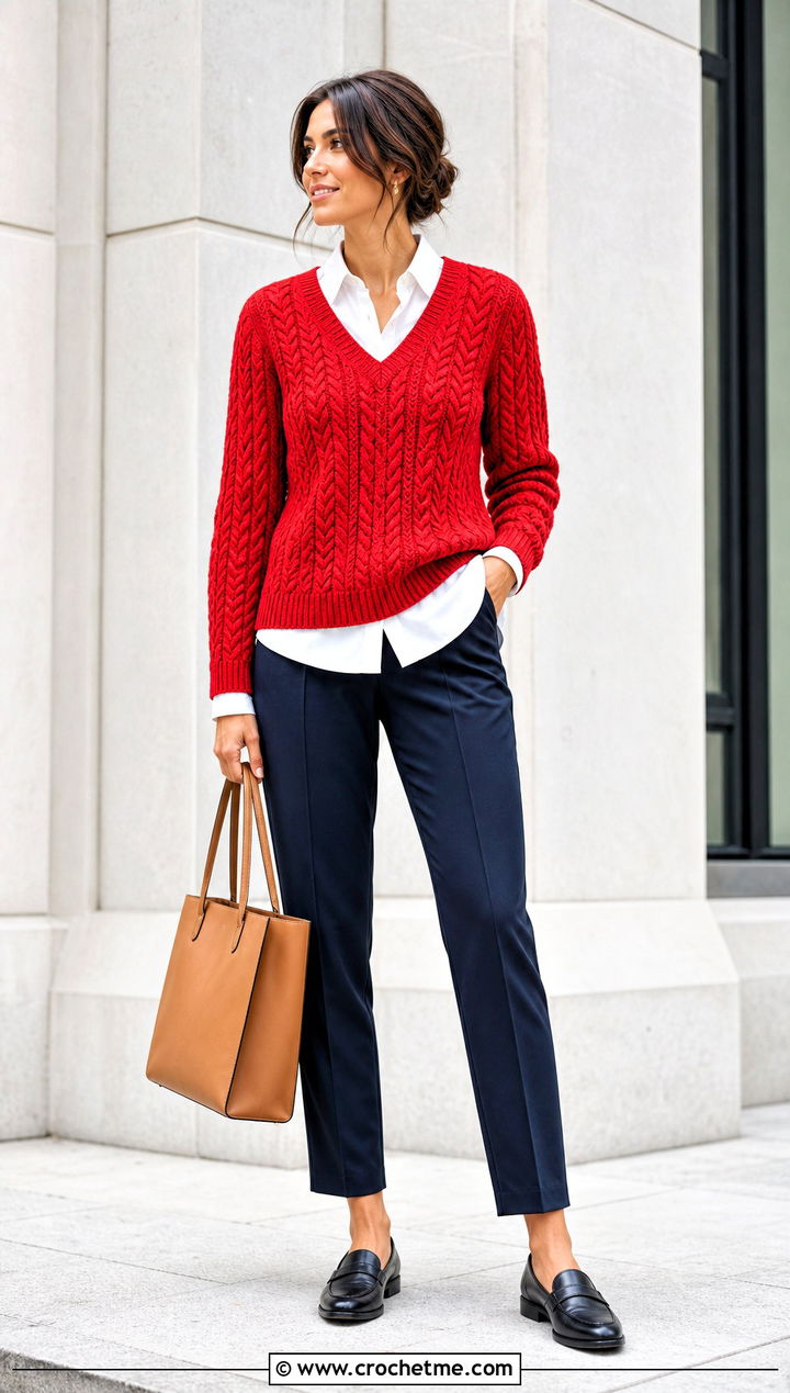 V Neck Crochet Cable Knit Sweater With Tailored Pants - 30 crochet cable knit sweater outfit ideas