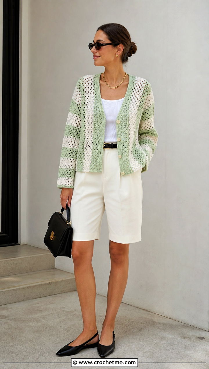 V Neck Crochet Cardigan With Bermuda Shorts - 25 green and white crochet cardigan outfit ideas
