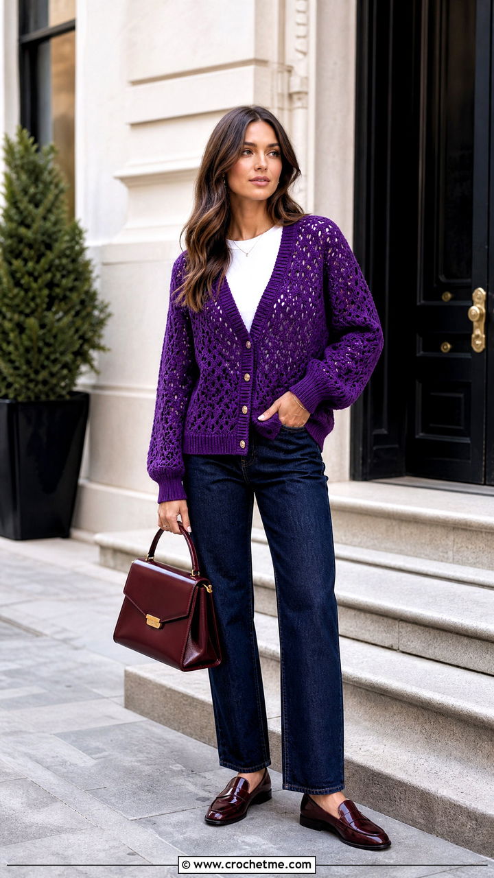 V Neck Crochet Cardigan With Dark Wash Jeans - 35 simple crochet cardigan outfit ideas