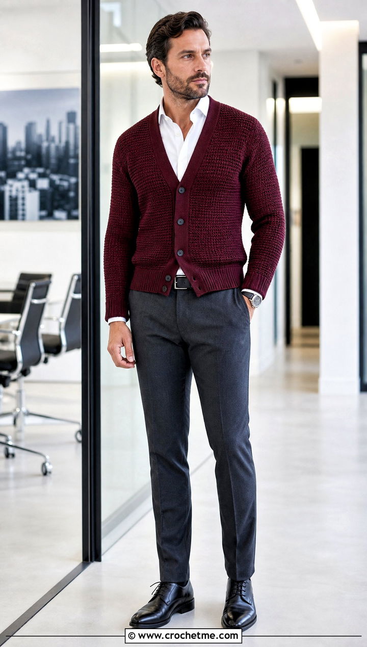 V Neck Crochet Cardigan With Dress Shirt and Suit Trousers - 20 men's crochet cardigan outfit ideas