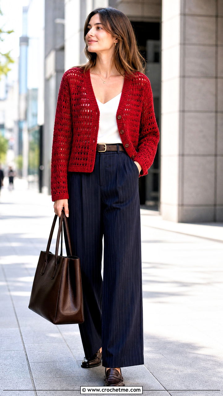 V Neck Crochet Cardigan With Pinstripe Trousers - 35 crochet cardigan for women outfit ideas