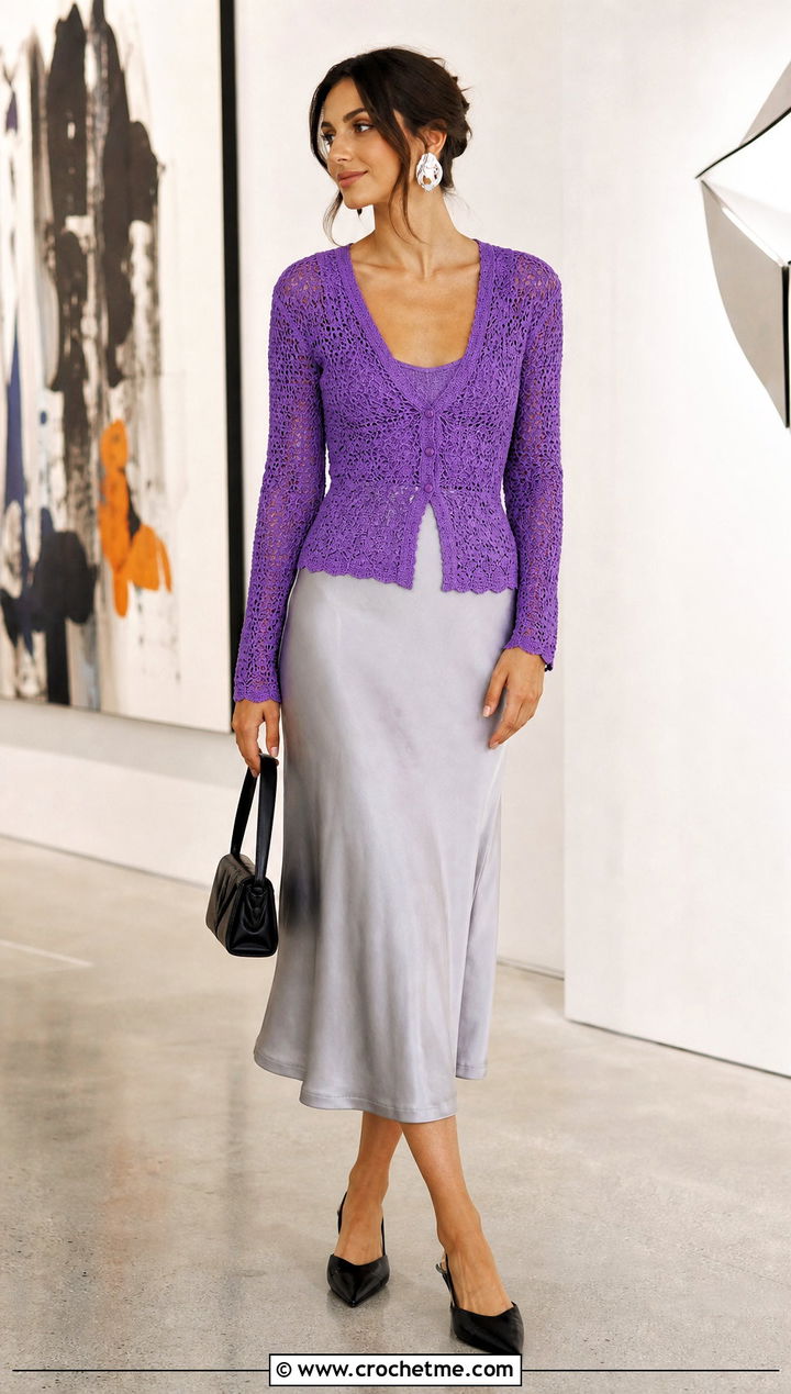 V Neck Crochet Cardigan With Satin Midi Skirt - 15 Fitted Crochet Cardigan outfit ideas