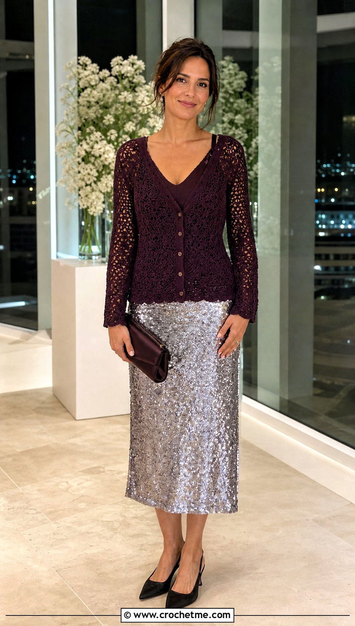 V Neck Crochet Cardigan With Sequin Skirt - 25 Crochet Cardigan Outfit Aesthetic outfit ideas