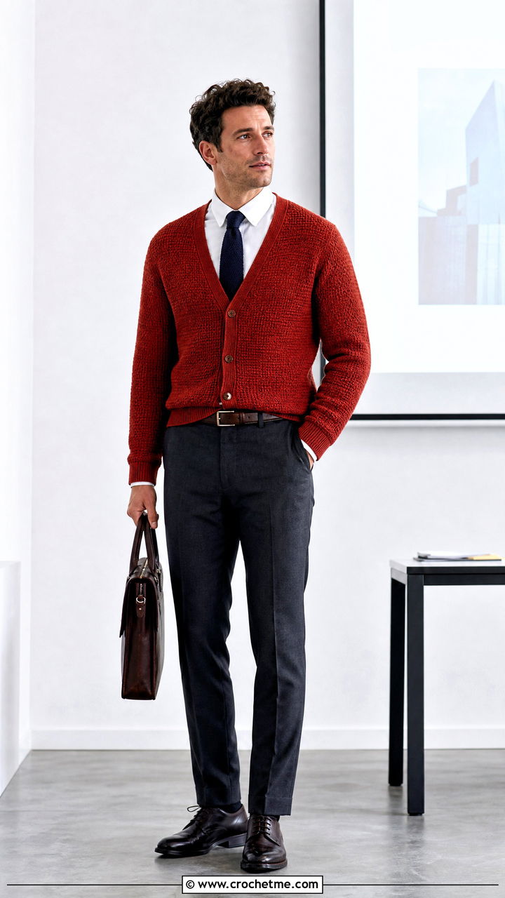 V Neck Crochet Cardigan With Shirt And Tie - 35 crochet cardigan men outfit ideas