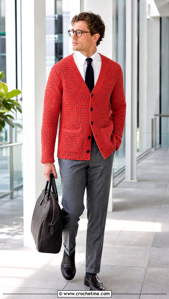 V Neck Crochet Cardigan With Shirt And Tie - 35 mens crochet cardigan outfit ideas