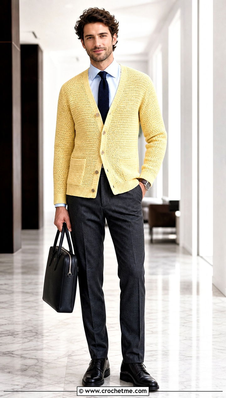 V Neck Crochet Cardigan With Shirt And Tie - 30 crochet man cardigan outfit ideas