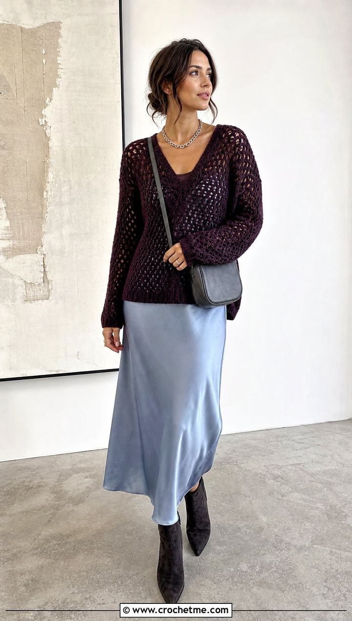 V Neck Crochet Cashmere Sweater With Slip Dress - 30 crochet cashmere sweater outfit ideas