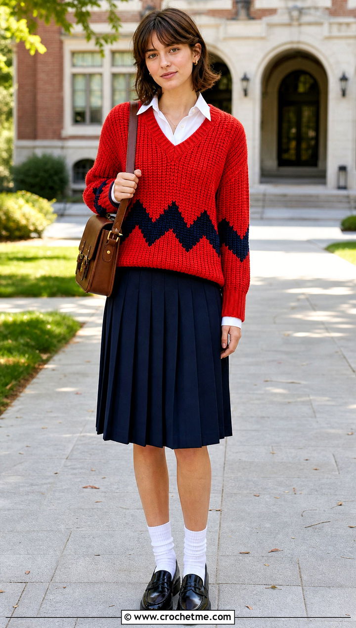 V Neck Crochet Charlie Brown Sweater With Pleated Skirt - 15 Crochet Charlie Brown Sweater outfit ideas