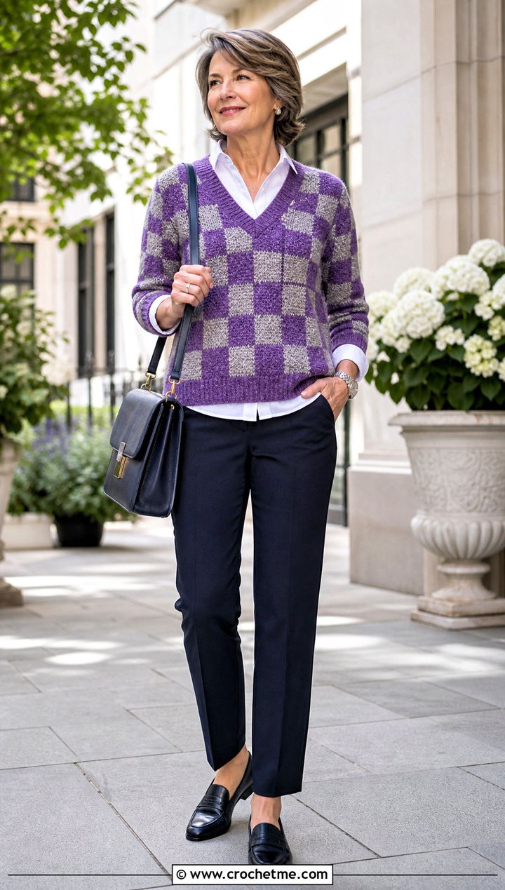 V Neck Crochet Checkered Sweater With White Shirt - 30 crochet checkered sweater outfit ideas