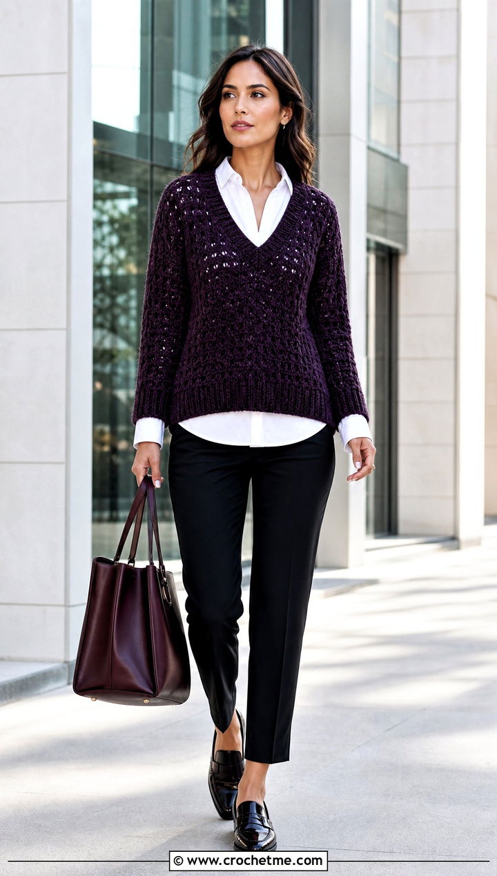 V Neck Crochet Chenille Sweater With White Button Down Shirt - 25 crochet chenille sweater outfit ideas