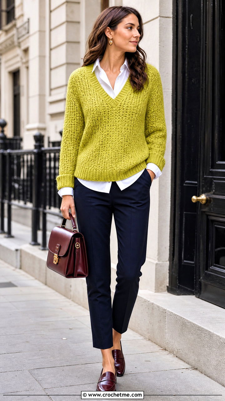 V Neck Crochet Chunky Sweater With White Shirt - 35 crochet chunky sweater outfit ideas