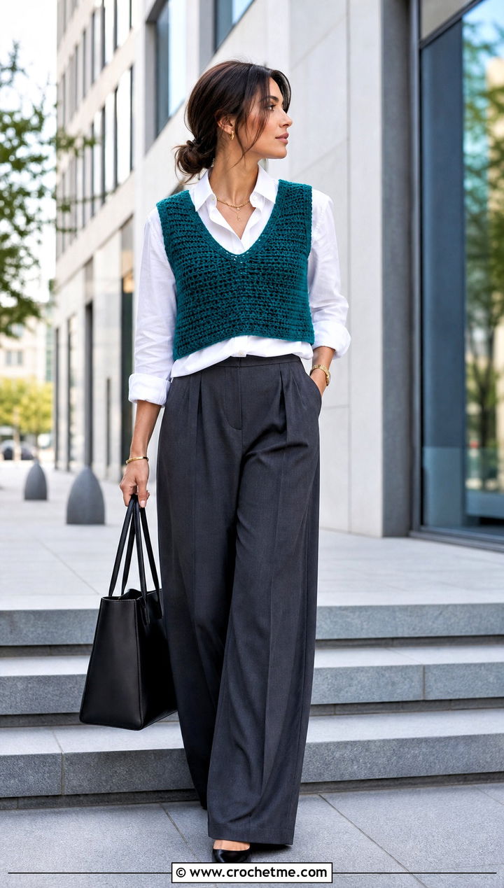 V Neck Crochet Crop Vest With Tailored Trousers - 30 crochet crop vest outfit ideas