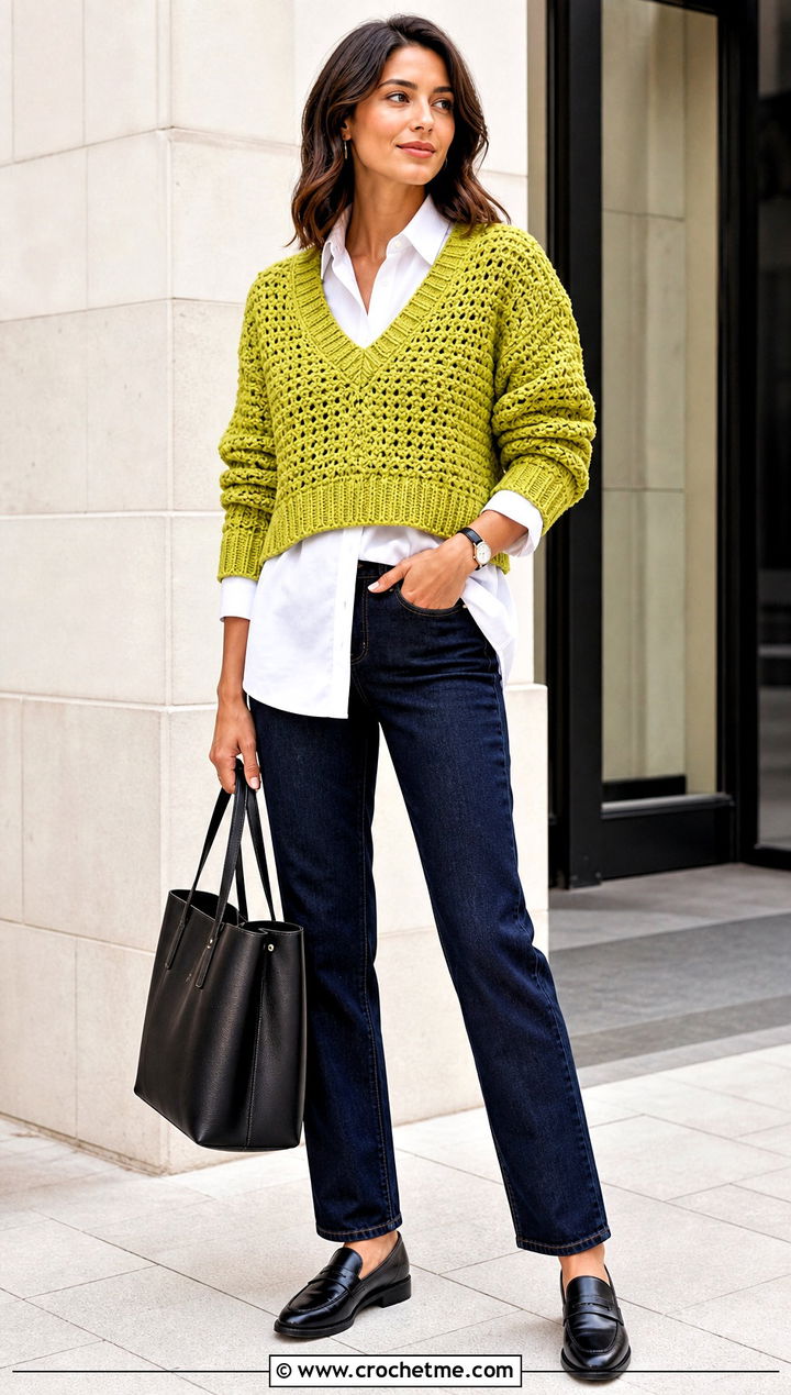 V Neck Crochet Cropped Jumper With Button Down Shirt - 30 crochet cropped jumper outfit ideas