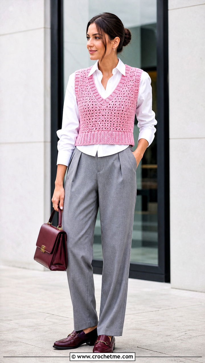 V Neck Crochet Cropped Vest Over A White Shirt - 15 crochet cropped vest outfit ideas