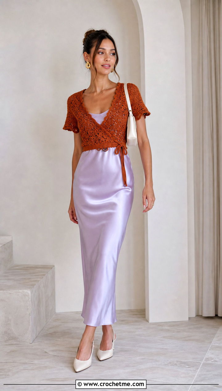 V Neck Crochet Crossover Top With Slip Dress - 20 Crochet Cross Top outfit ideas