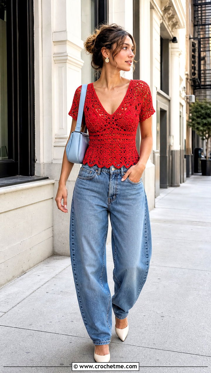 V Neck Crochet Delilah Top With Barrel Jeans - 30 crochet delilah top outfit ideas