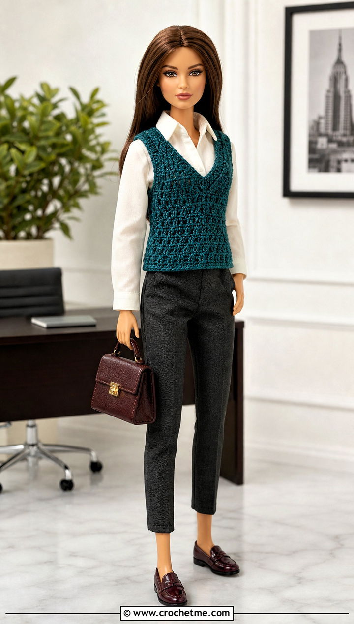 V Neck Crochet Doll Vest With Button Down Shirt - 20 crochet doll vest outfit ideas