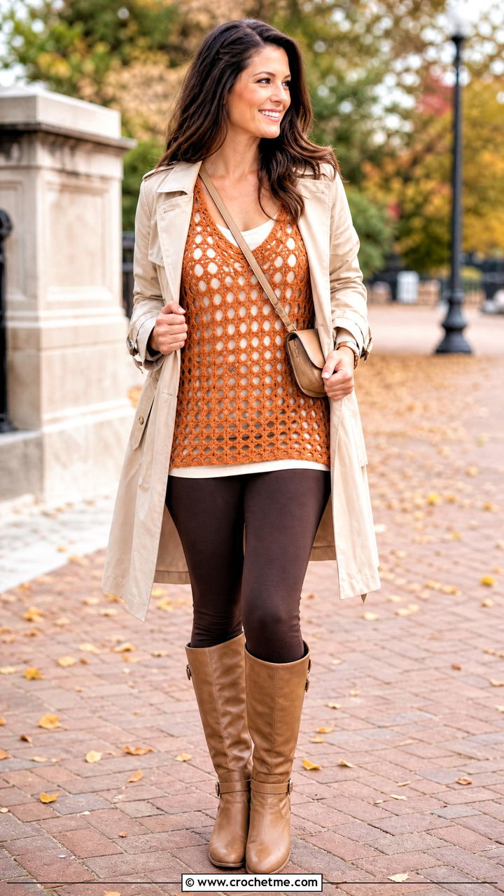V Neck Crochet Fishnet Tunic Top With Leggings - 35 crochet fishnet top outfit ideas